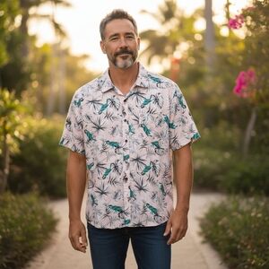 Maui Maui Pale Pink Toucan Tropical‎ Print Short Sleeve Hawaiian Overshirt